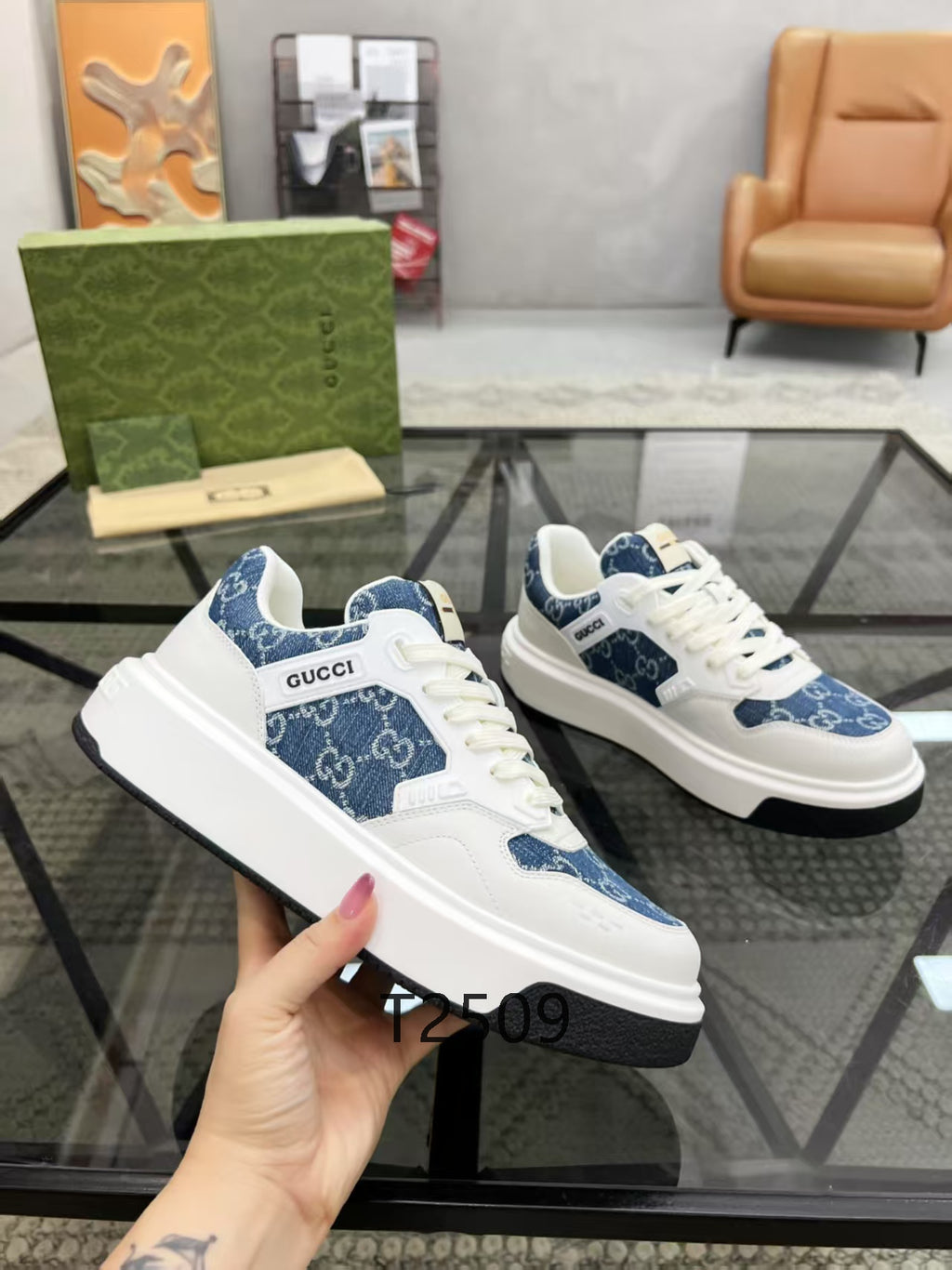 Luxury Designer Sneakers – White & Blue